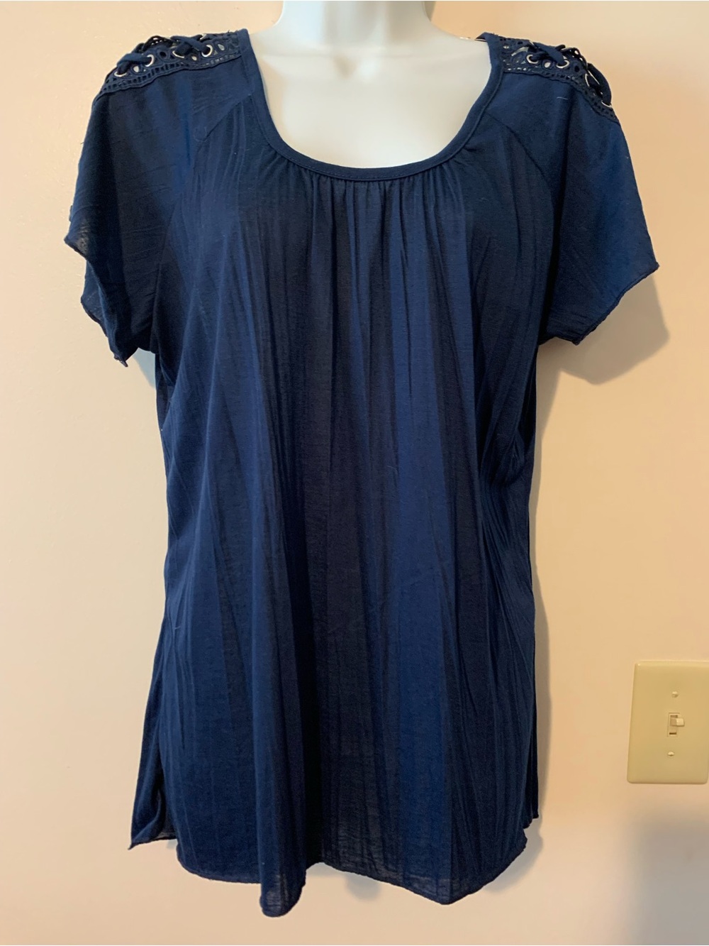 New York Laundry Navy Scoop Neck Short Sleeve Blouse with Eyelet Shoulder Detail